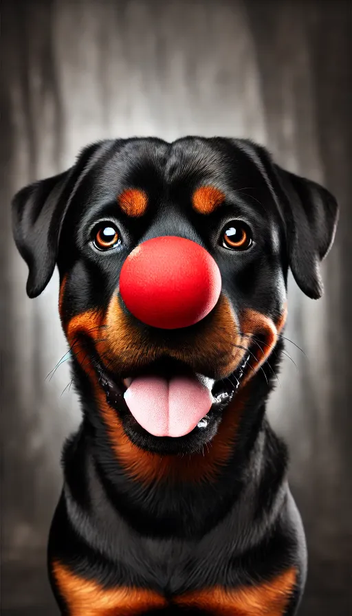 Joyful Jester Pup the Rottweiler with a Bright Red Clown Nose